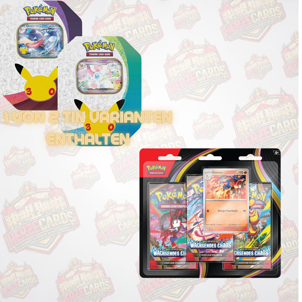 Pokémon Bundle 30 Jahre Tin Box und Wachsendes Chaos 3er Blister Bundle Deutsch