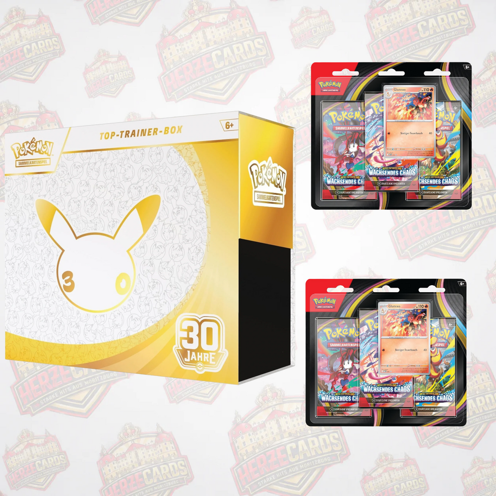 Pokémon Bundle 30 Jahre Top Trainer Box und 2x Wachsendes Chaos 3er Blister Deutsch